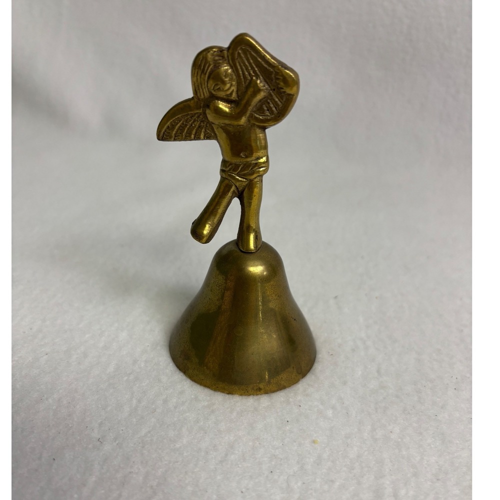 Vintage Angelcore Gold Brass Cherub Angel Harp Hand Bell Celestial Holiday Myth